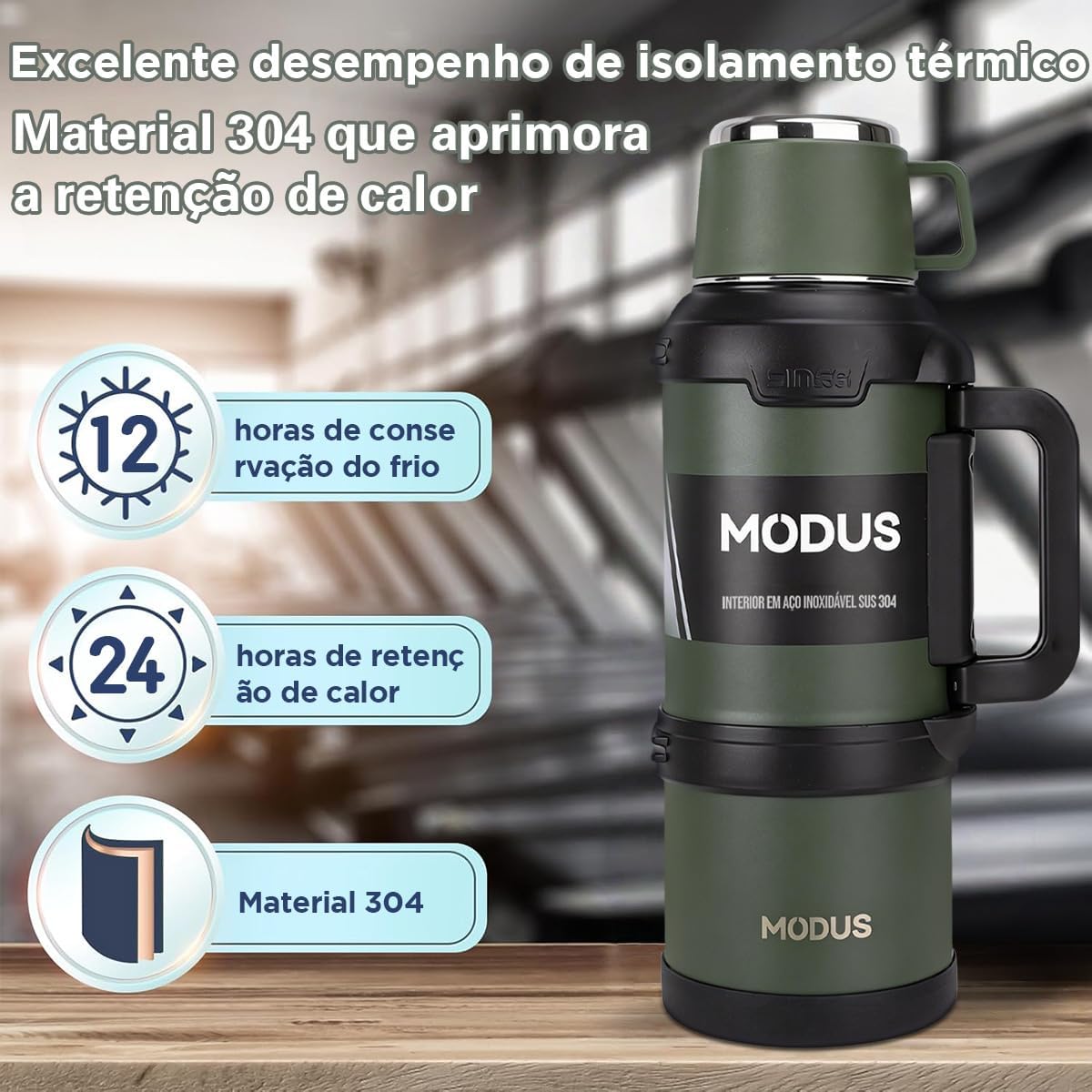 Garrafa térmica MODUS verde com informações originais de conservação térmica